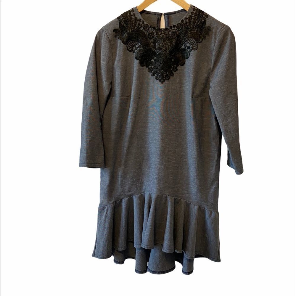 Blue Ruffle Lace Trim Collar Loose Fit Dress